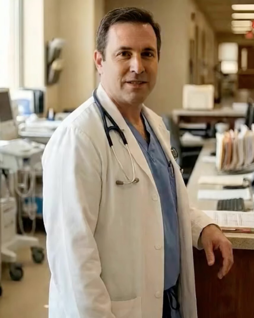 Dr. David Roberto Lancarllier de jaleco branco e pijama cirúrgico azul, com estetoscópio, em um ambiente clínico
